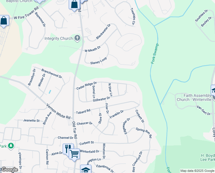 map of restaurants, bars, coffee shops, grocery stores, and more near 2114 North Star Lane in Winterville