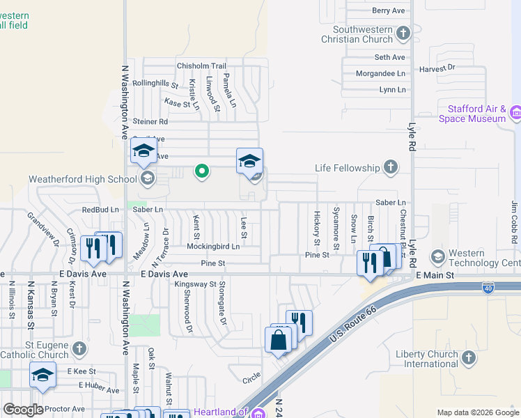 map of restaurants, bars, coffee shops, grocery stores, and more near 1321 Lark Street in Weatherford