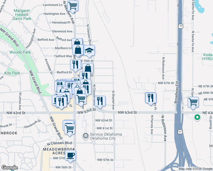 map of restaurants, bars, coffee shops, grocery stores, and more near 900 Northwest 66th Street in Oklahoma City
