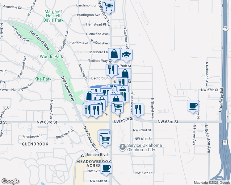 map of restaurants, bars, coffee shops, grocery stores, and more near 6616 North Olie Avenue in Oklahoma City