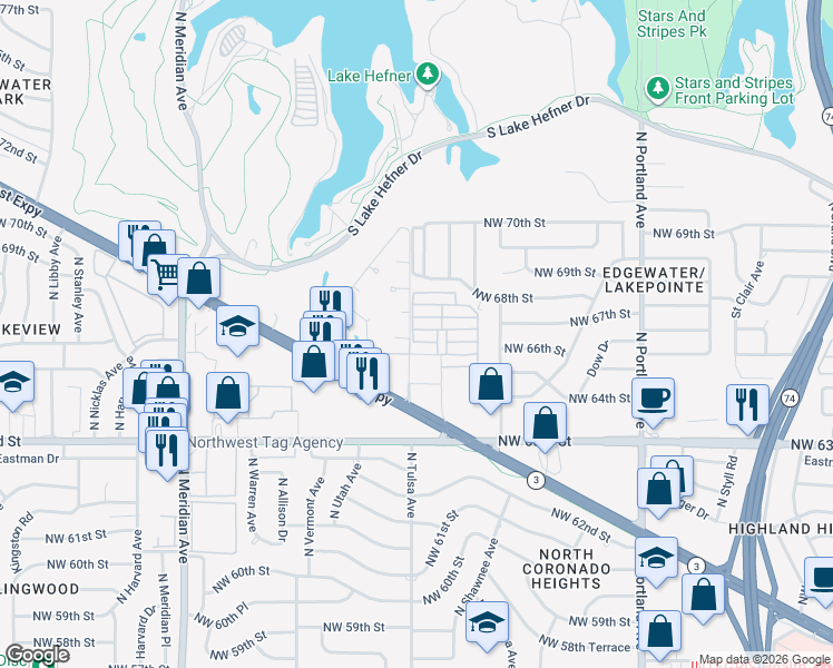 map of restaurants, bars, coffee shops, grocery stores, and more near 4032 Fontana Drive in Oklahoma City