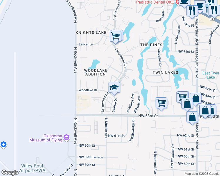 map of restaurants, bars, coffee shops, grocery stores, and more near 6519 Galaxie Terrace in Oklahoma City