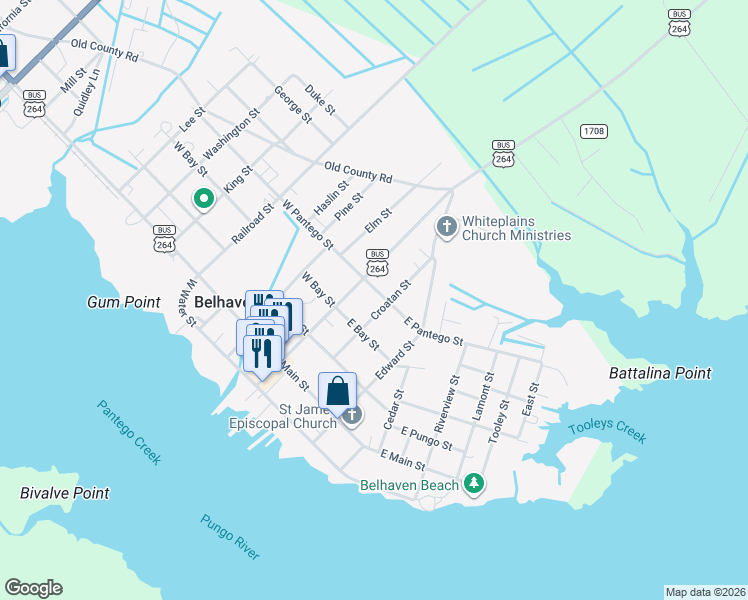 map of restaurants, bars, coffee shops, grocery stores, and more near 455-537 Croatan Street in Belhaven