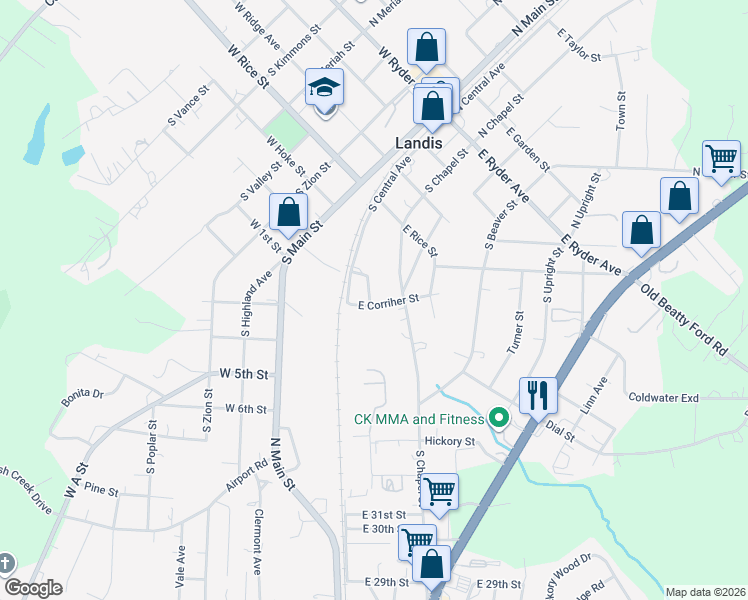 map of restaurants, bars, coffee shops, grocery stores, and more near 302 East Corriher Street in Landis