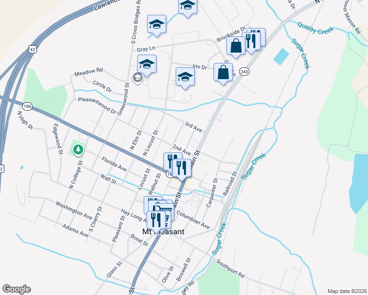 map of restaurants, bars, coffee shops, grocery stores, and more near 105 2nd Avenue in Mount Pleasant