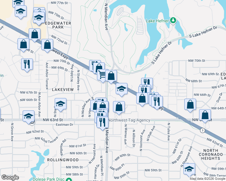 map of restaurants, bars, coffee shops, grocery stores, and more near 6600 North Meridian Avenue in Oklahoma City