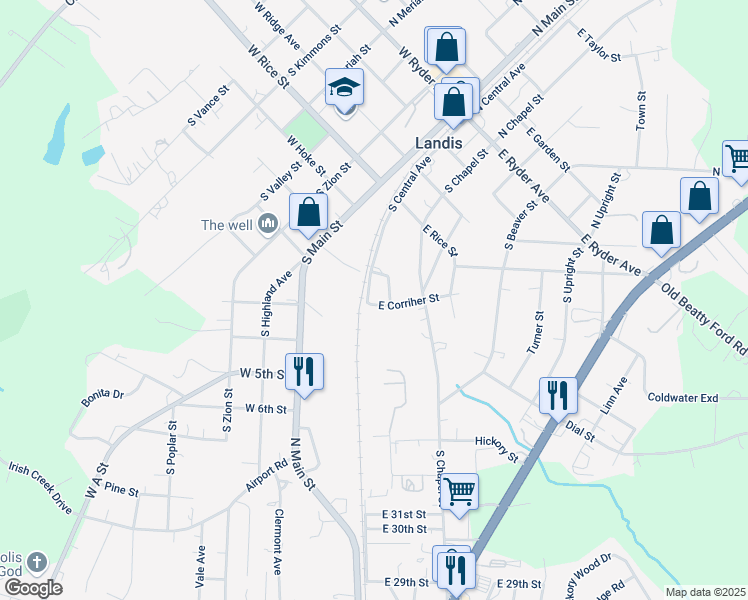 map of restaurants, bars, coffee shops, grocery stores, and more near 302 East Corriher Street in Landis