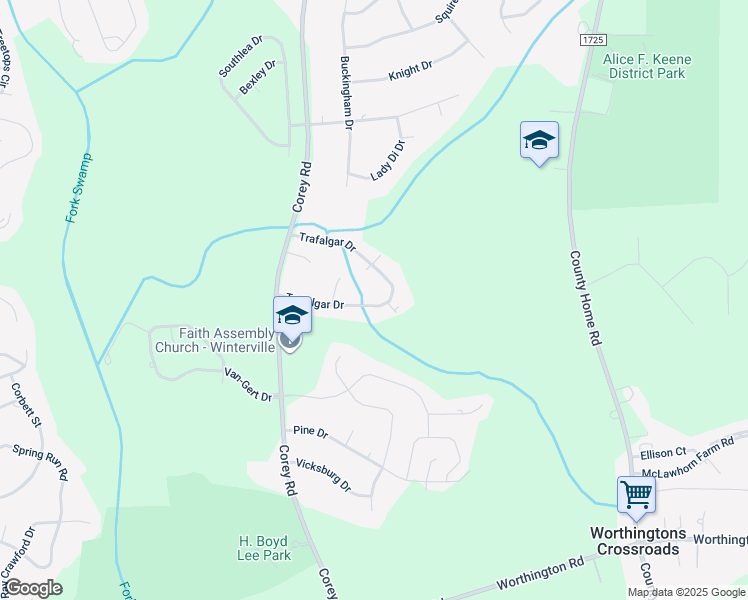 map of restaurants, bars, coffee shops, grocery stores, and more near 1400 Trafalgar Drive in Winterville