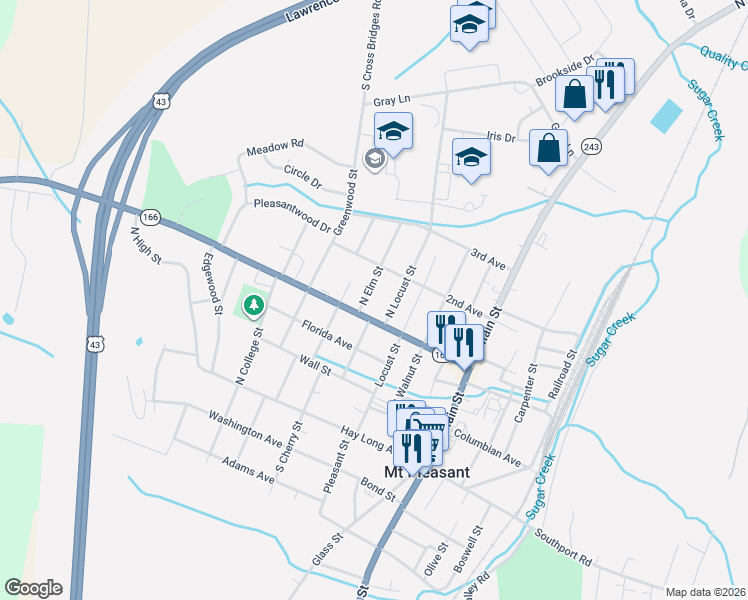 map of restaurants, bars, coffee shops, grocery stores, and more near 415 Locust Street in Mount Pleasant
