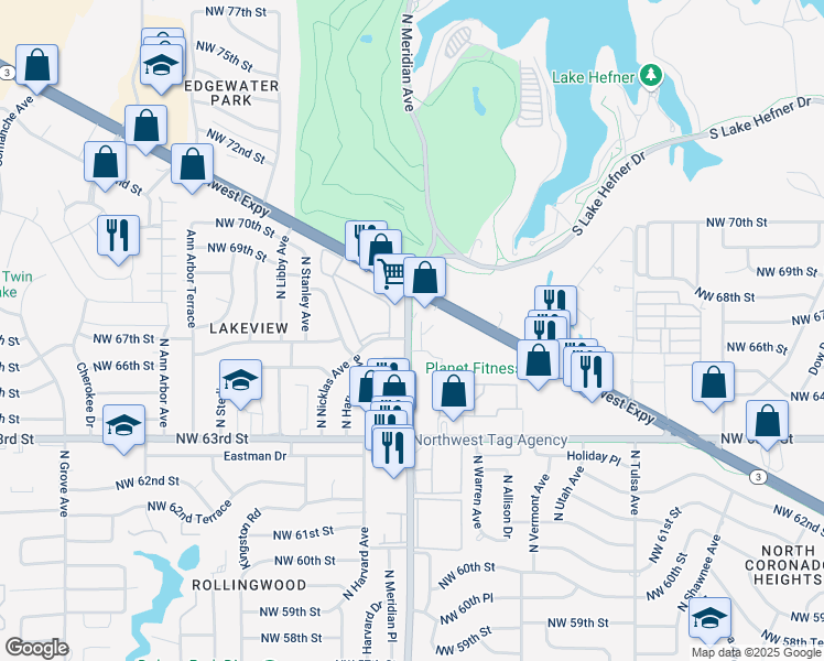 map of restaurants, bars, coffee shops, grocery stores, and more near 4446 Northwest Expressway in Oklahoma City
