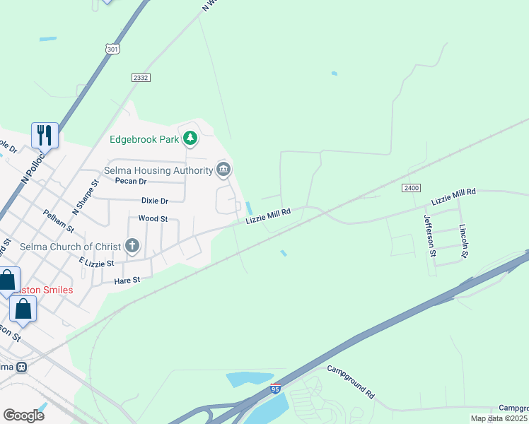 map of restaurants, bars, coffee shops, grocery stores, and more near 1421 Lizzie Mill Road in Selma