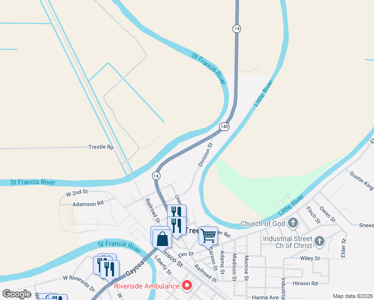 map of restaurants, bars, coffee shops, grocery stores, and more near 451 Division Street in Marked Tree