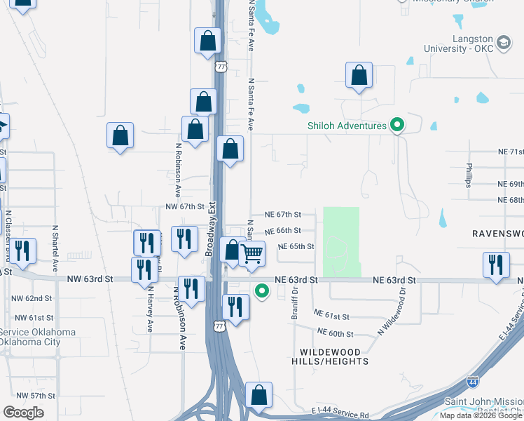 map of restaurants, bars, coffee shops, grocery stores, and more near 6810 Broadway Extension in Oklahoma City