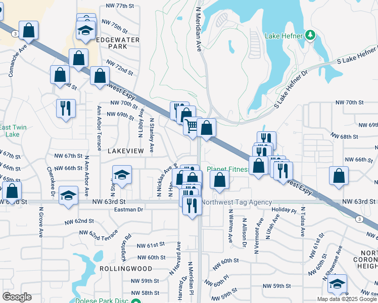 map of restaurants, bars, coffee shops, grocery stores, and more near 6809 North Meridian Avenue in Oklahoma City
