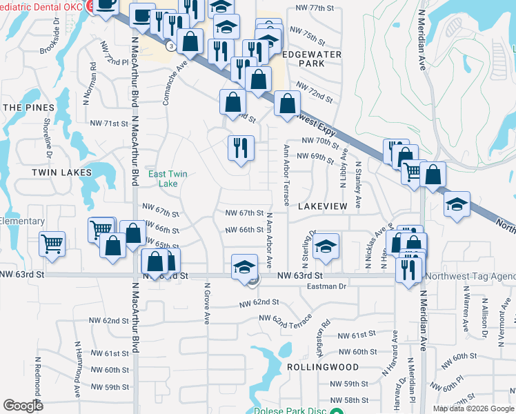 map of restaurants, bars, coffee shops, grocery stores, and more near 5404 Hidden Trail Lane in Warr Acres