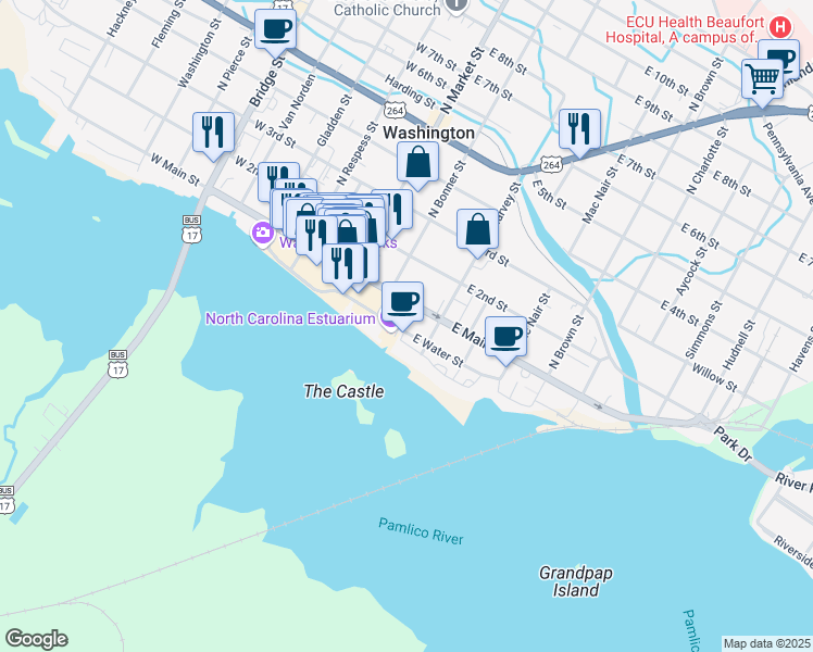 map of restaurants, bars, coffee shops, grocery stores, and more near 103 South Bonner Street in Washington