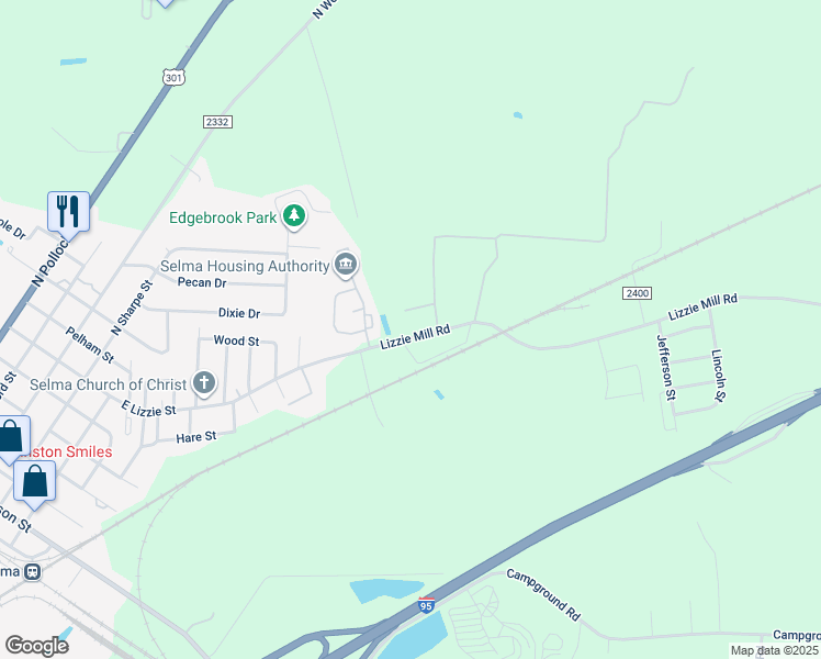 map of restaurants, bars, coffee shops, grocery stores, and more near 1421 Lizzie Mill Road in Selma