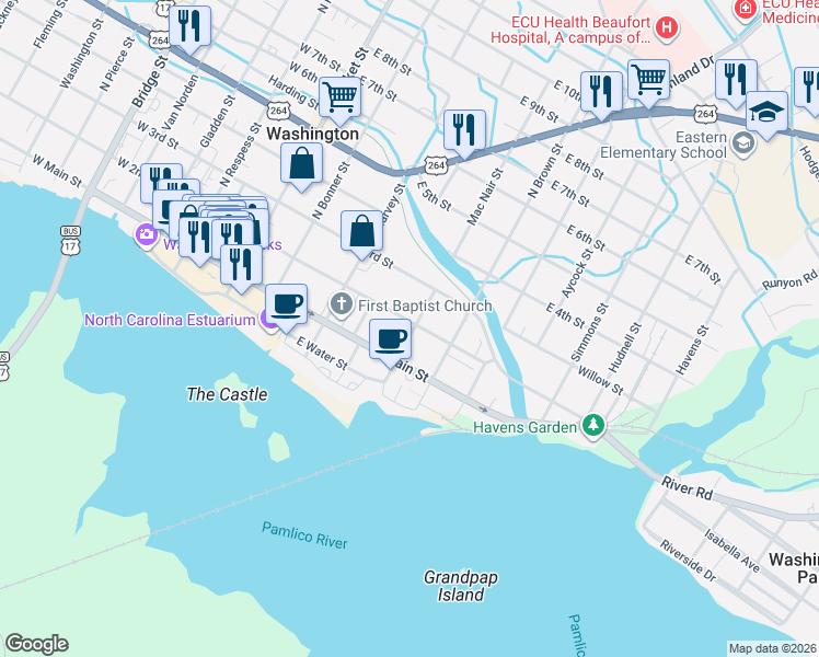 map of restaurants, bars, coffee shops, grocery stores, and more near 408 East 2nd Street in Washington