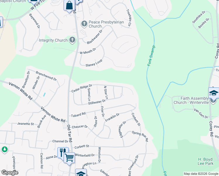 map of restaurants, bars, coffee shops, grocery stores, and more near 647 Cedar Ridge Drive in Winterville