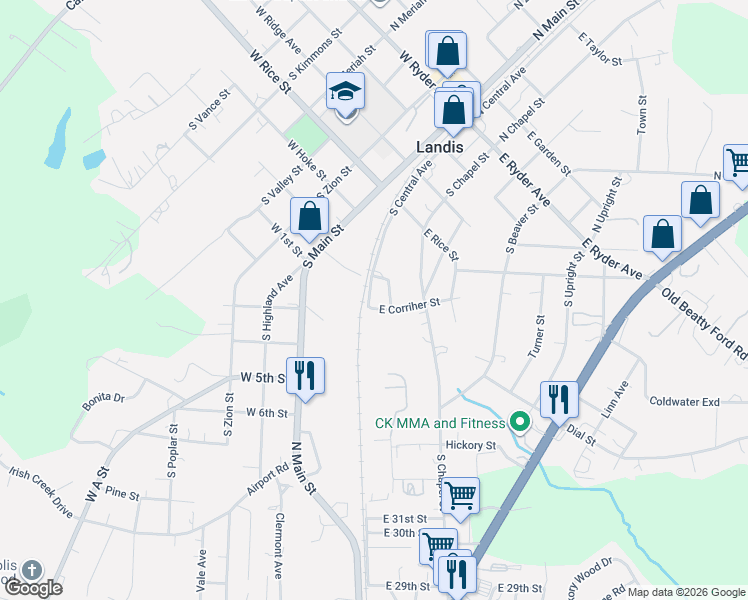 map of restaurants, bars, coffee shops, grocery stores, and more near 602 Hillside Street in Landis