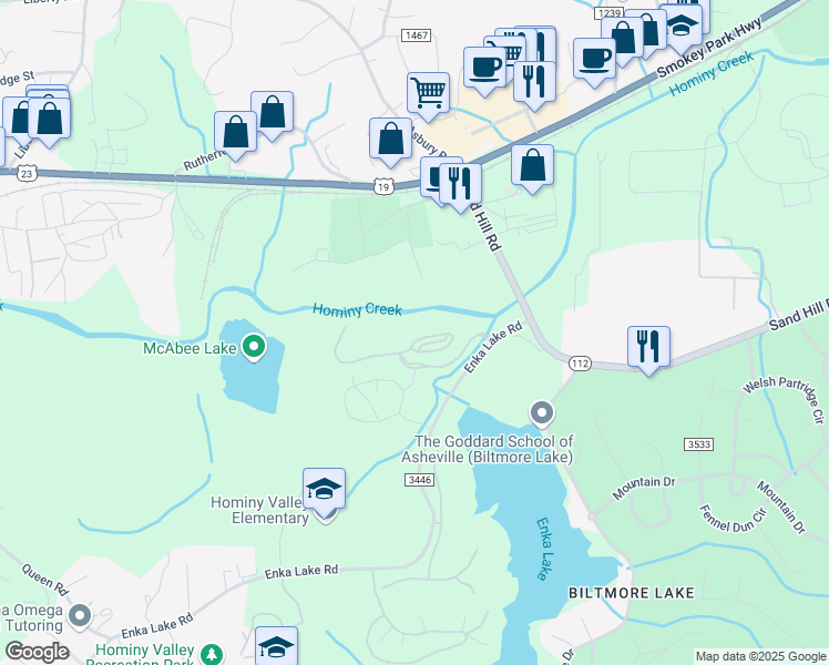 map of restaurants, bars, coffee shops, grocery stores, and more near 500 Vista Lake Drive in Candler