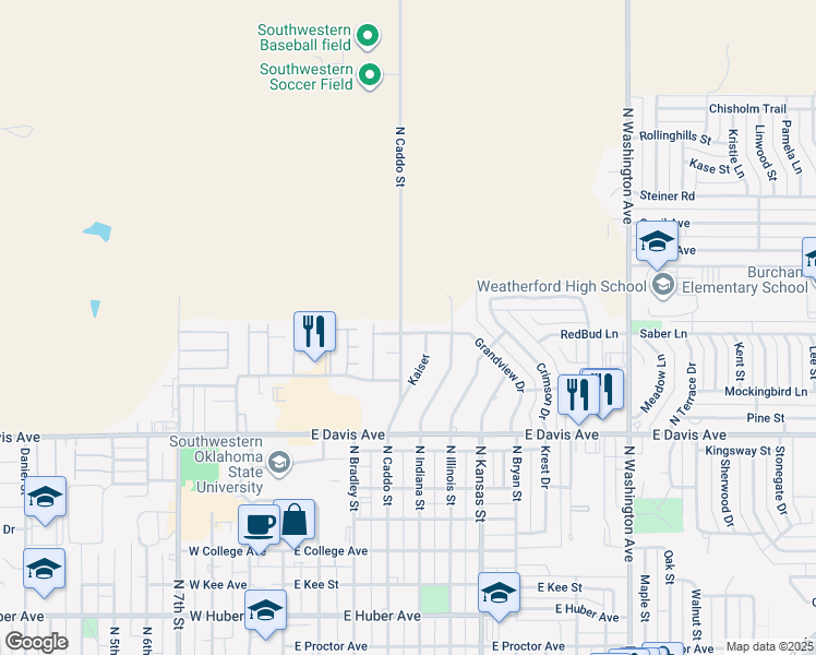 map of restaurants, bars, coffee shops, grocery stores, and more near 1518 Grandview Drive in Weatherford