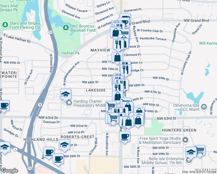 map of restaurants, bars, coffee shops, grocery stores, and more near 3017 Northwest 68th Street in Oklahoma City