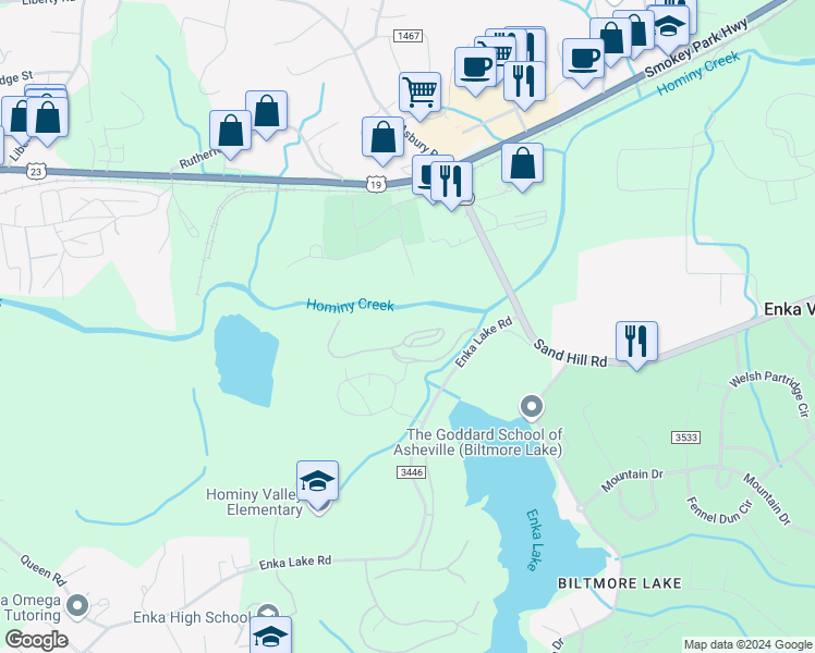 map of restaurants, bars, coffee shops, grocery stores, and more near 500 Vista Lake Drive in Candler