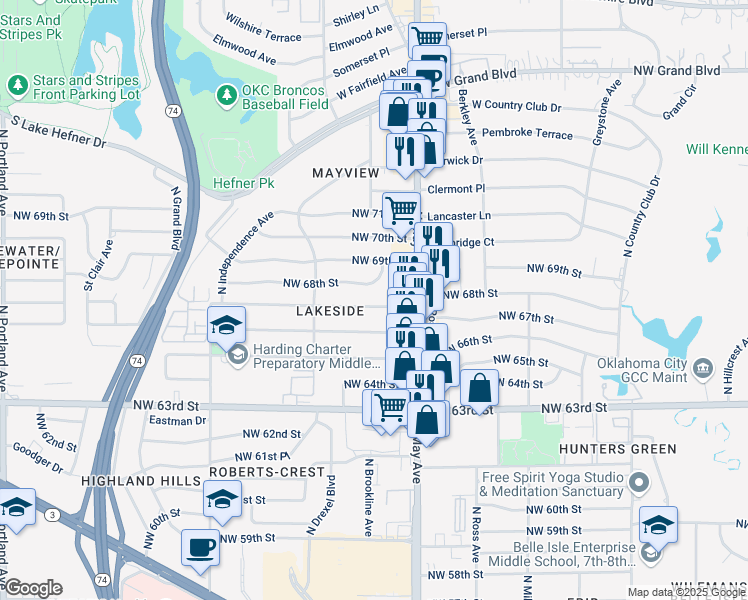 map of restaurants, bars, coffee shops, grocery stores, and more near 3017 Northwest 68th Street in Oklahoma City