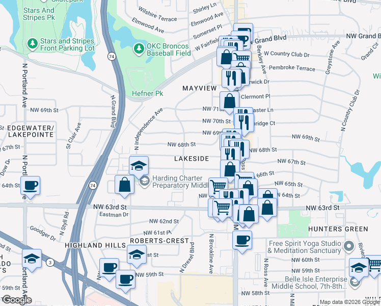 map of restaurants, bars, coffee shops, grocery stores, and more near 3052 Northwest 68th Street in Oklahoma City