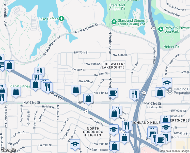 map of restaurants, bars, coffee shops, grocery stores, and more near 6809 Edgewater Drive in Oklahoma City