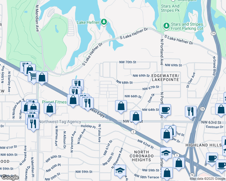 map of restaurants, bars, coffee shops, grocery stores, and more near 4008 Neptune in Oklahoma City