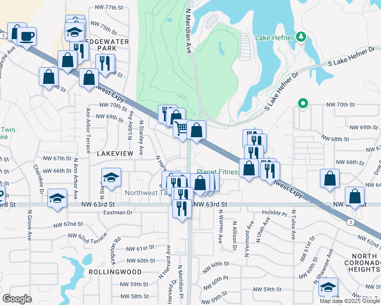 map of restaurants, bars, coffee shops, grocery stores, and more near 4446 Northwest Expressway in Oklahoma City