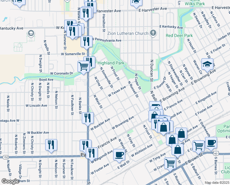 map of restaurants, bars, coffee shops, grocery stores, and more near West Texas Avenue in Pampa