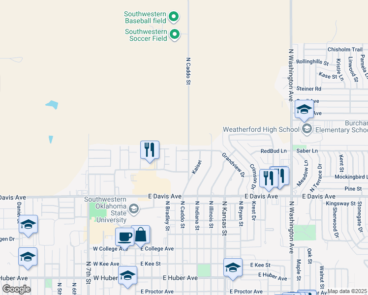 map of restaurants, bars, coffee shops, grocery stores, and more near 1518 Grandview Drive in Weatherford