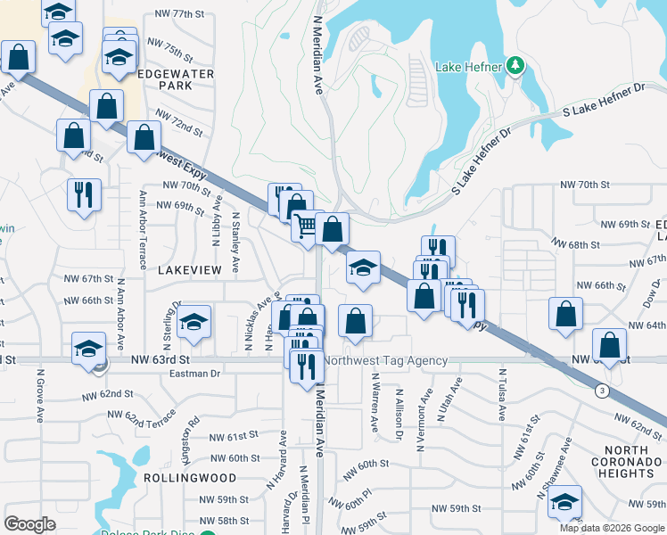 map of restaurants, bars, coffee shops, grocery stores, and more near 4446 Northwest Expressway in Oklahoma City