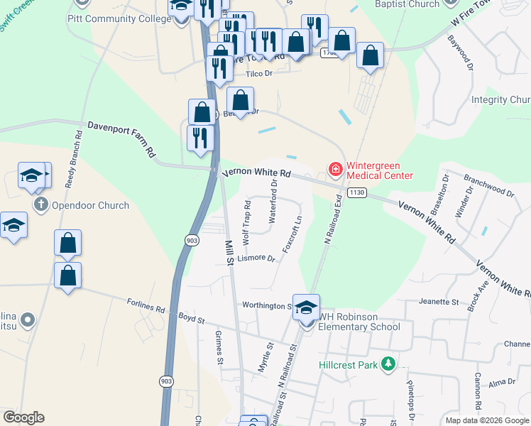 map of restaurants, bars, coffee shops, grocery stores, and more near 2258 Waterford Drive in Winterville