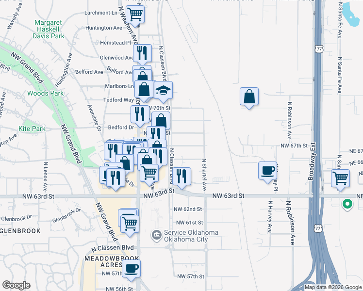 map of restaurants, bars, coffee shops, grocery stores, and more near 911 Northwest 67th Street in Oklahoma City