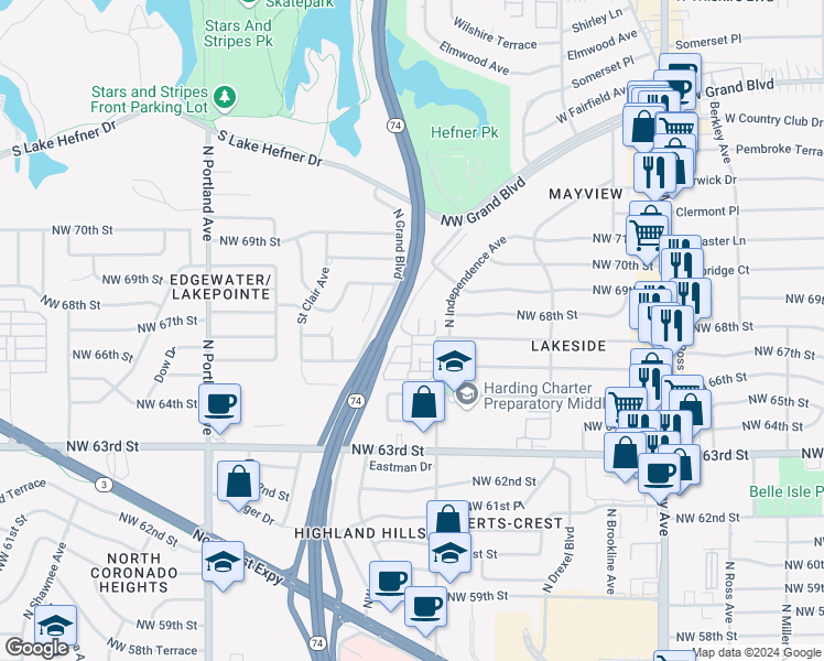 map of restaurants, bars, coffee shops, grocery stores, and more near 3356 Northwest Grand Boulevard in Oklahoma City