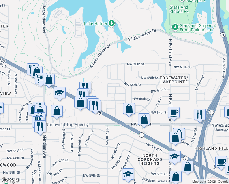 map of restaurants, bars, coffee shops, grocery stores, and more near 4026 Neptune in Oklahoma City