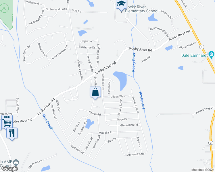 map of restaurants, bars, coffee shops, grocery stores, and more near 114 Ashton Drive in Mooresville