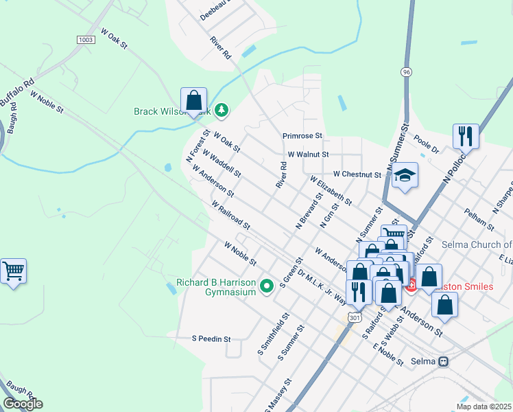 map of restaurants, bars, coffee shops, grocery stores, and more near 902 West Anderson Street in Selma