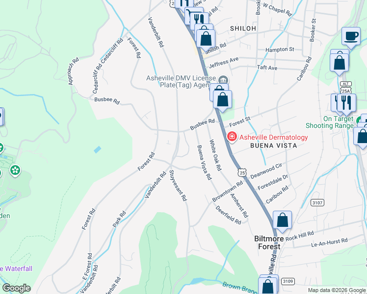 map of restaurants, bars, coffee shops, grocery stores, and more near 15 Bourne Lane in Biltmore Forest