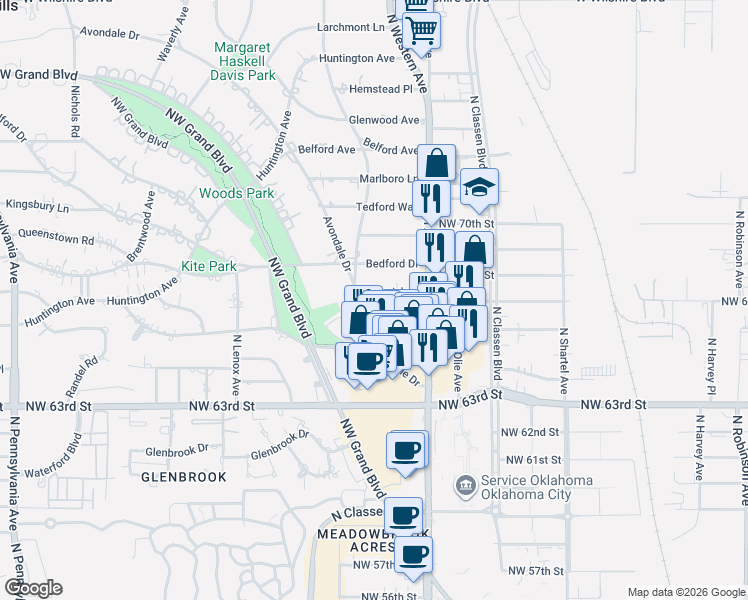 map of restaurants, bars, coffee shops, grocery stores, and more near 1115 Fenwick Place in Nichols Hills