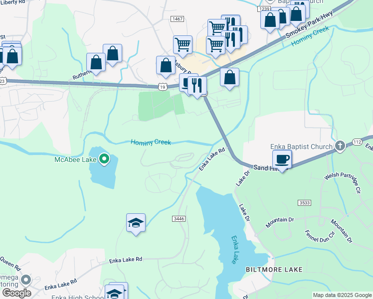 map of restaurants, bars, coffee shops, grocery stores, and more near 300 Vista Lake Drive in Candler