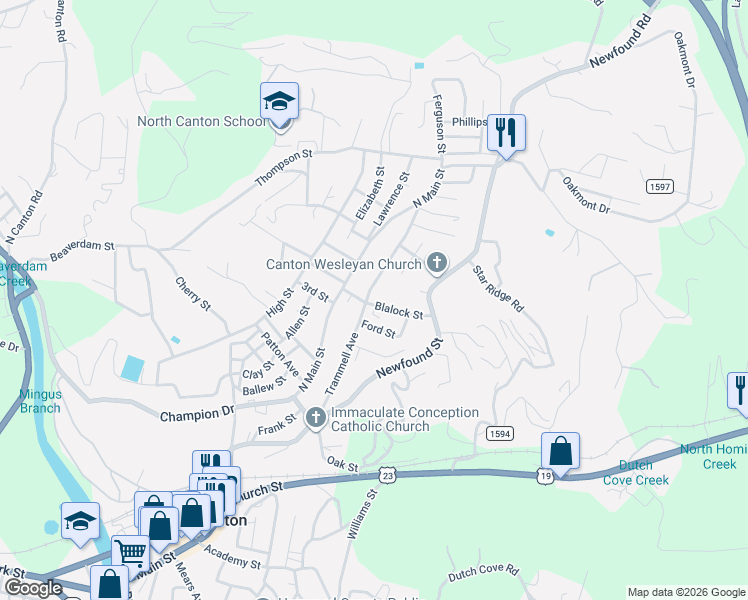 map of restaurants, bars, coffee shops, grocery stores, and more near 73 Trammell Avenue in Canton