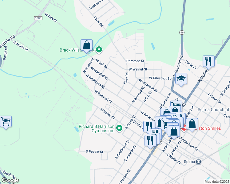 map of restaurants, bars, coffee shops, grocery stores, and more near 902 West Anderson Street in Selma