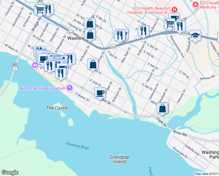 map of restaurants, bars, coffee shops, grocery stores, and more near 203-299 North McNair Street in Washington