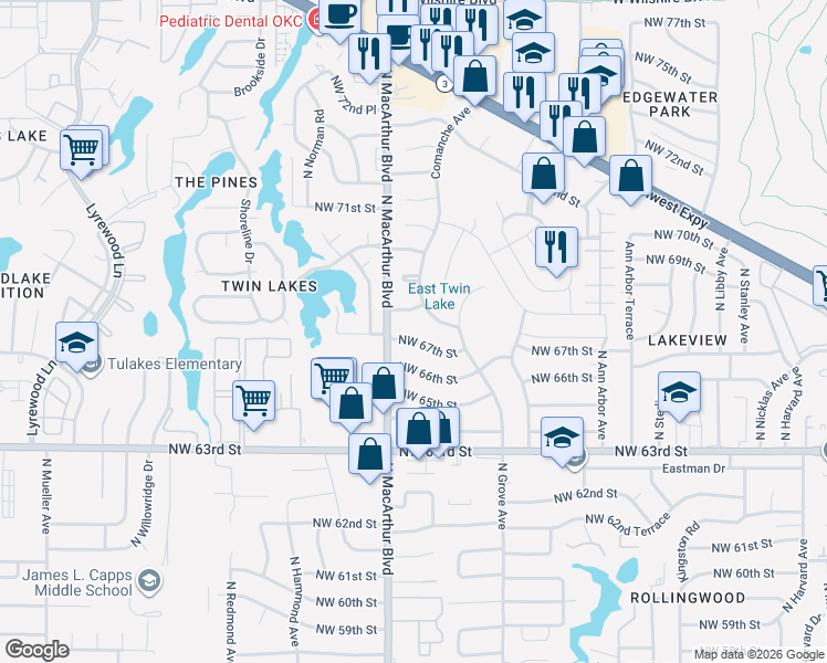 map of restaurants, bars, coffee shops, grocery stores, and more near 5812 Northwest 68th Street in Warr Acres
