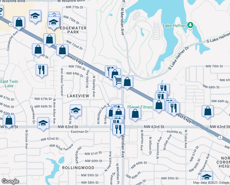 map of restaurants, bars, coffee shops, grocery stores, and more near 6809 North Meridian Avenue in Oklahoma City
